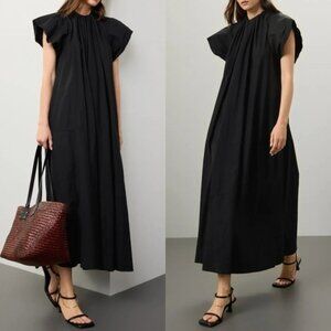 MM6 Maison Margiela Gathered Black Short Sleeve Cotton Maxi Dress Size S/IT 40
